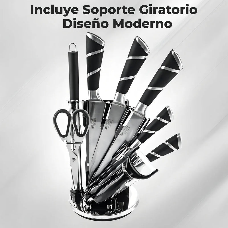 Juego de Cuchillos Profesionales Chef Master 807601 9 Piezas con Soporte Giratorio Acero Inoxidable