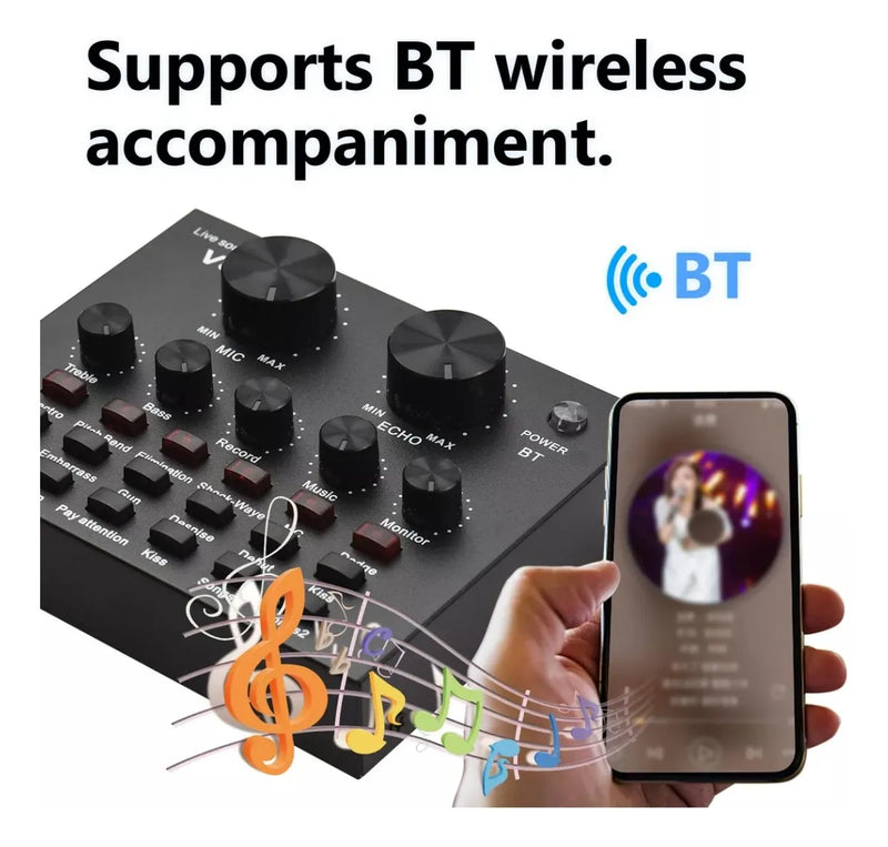 Microfono Profesional + Tarjeta De Sonido V8 Color Negro