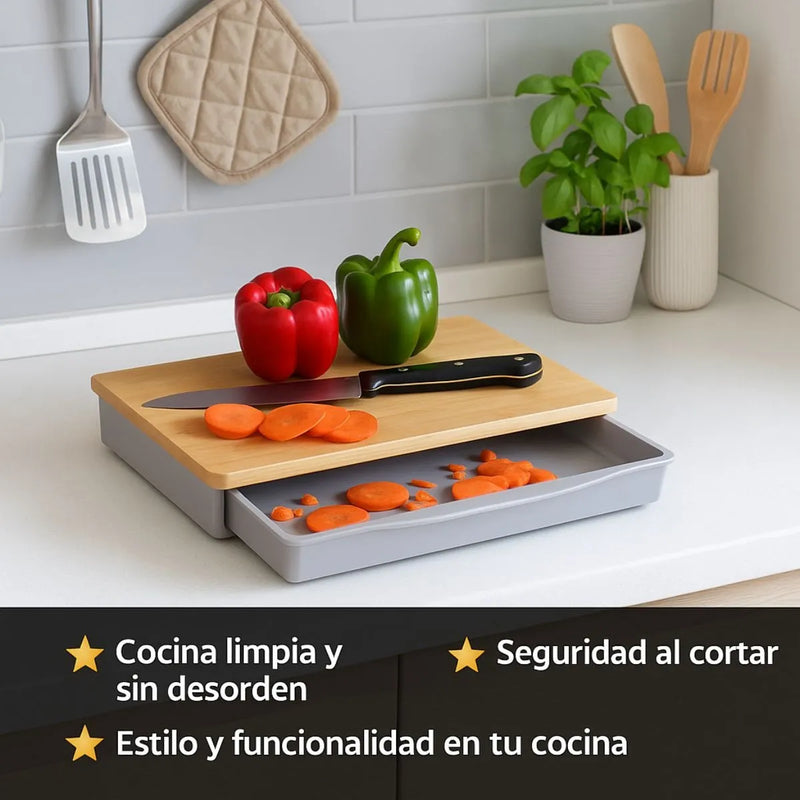 Tabla Bambú Cortar Verduras Bandeja Extraíble Multifuncional Lisa