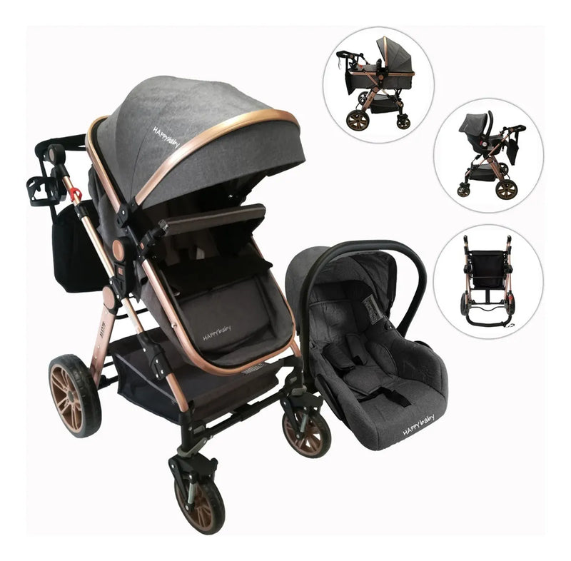 Coche de paseo Happy Baby Alizze travel system gris con chasis color dorado