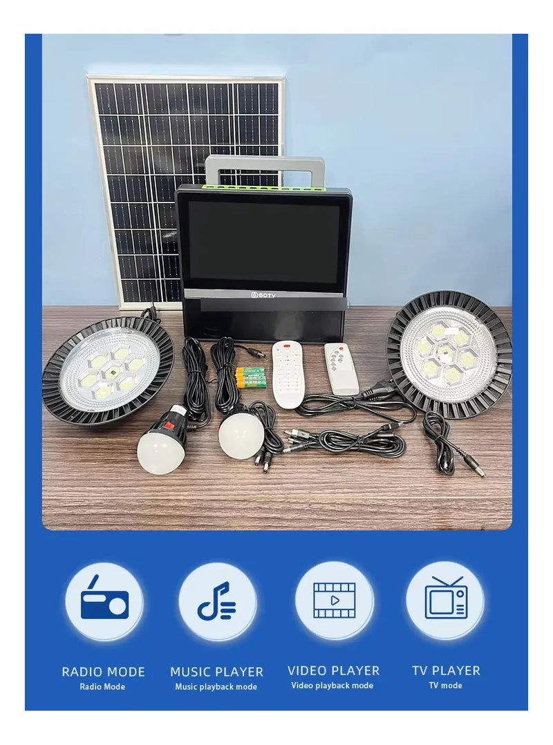 Tv Portatil Con Panel Solar Lamparas Led Bombillos Gd-8088