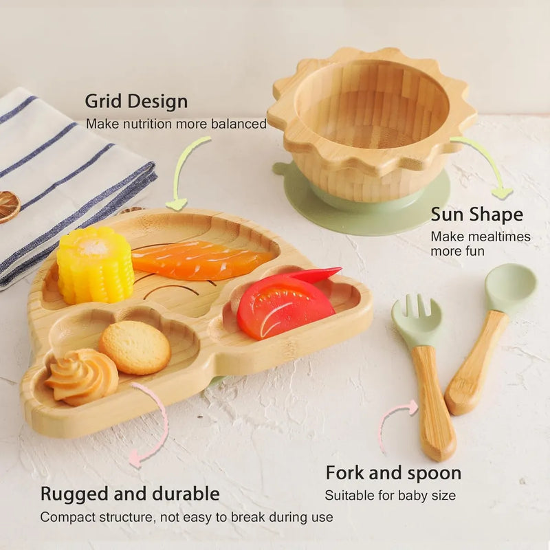 Set De Platos De Bambú Antideslizante Y Silicona Para Bebés