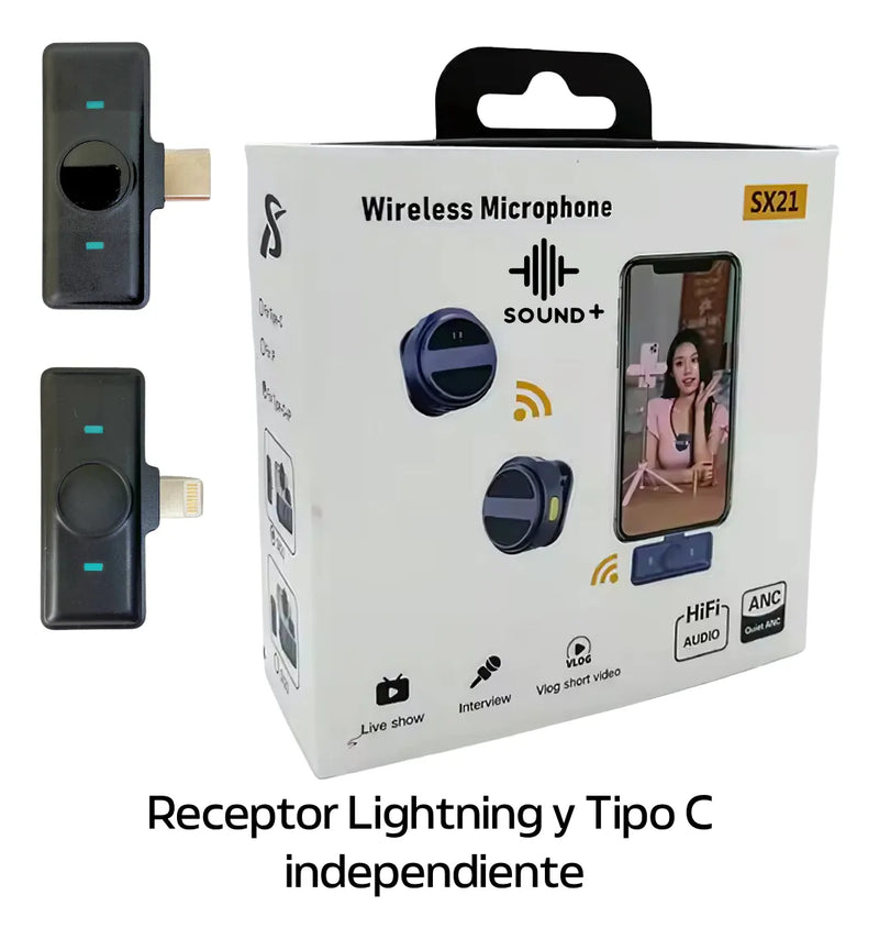 Microfono de Solapa Inalambrico Moneda con Cancelacion de Ruido 2 en 1 iPhone Android Tipo C Lavalier RunBike Lark Sx21 con Antipop Negro