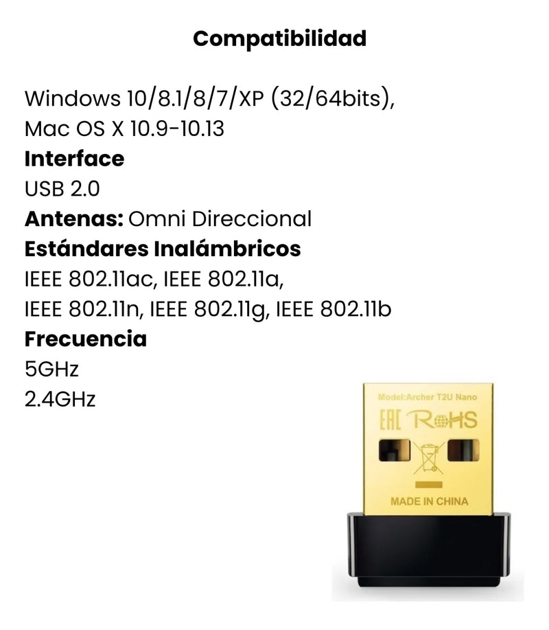 Adaptador De Red Tp-link Wifi Usb Banda Dual Archer T2u Nano Negro