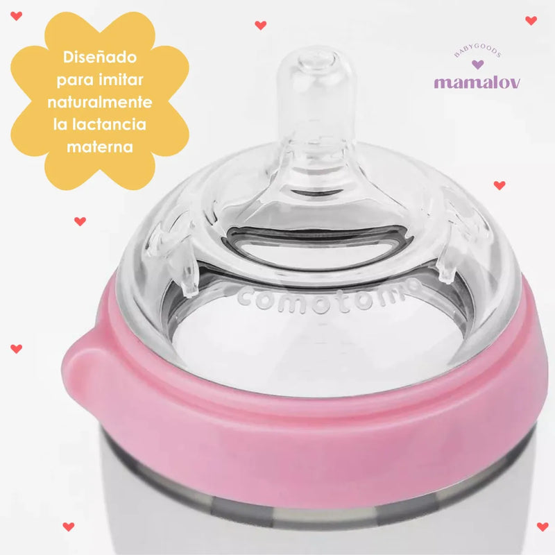 2 Biberónes Comotomo Cuello Ancho Fácil Limpieza 8oz Rosa
