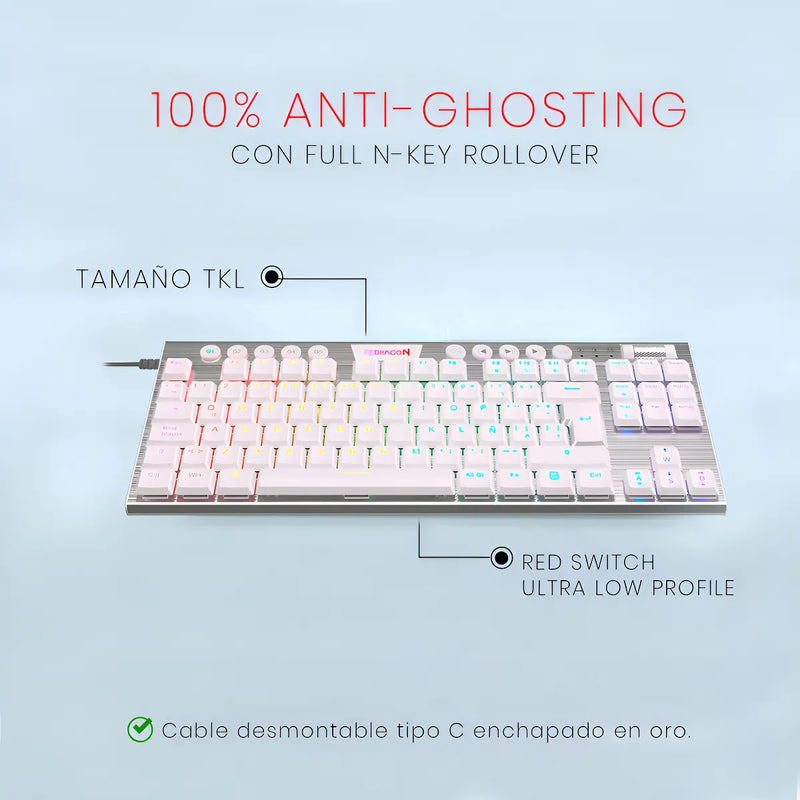 Teclado Mecanico Gamer Tkl Redragon Horus Blanco Switch Red