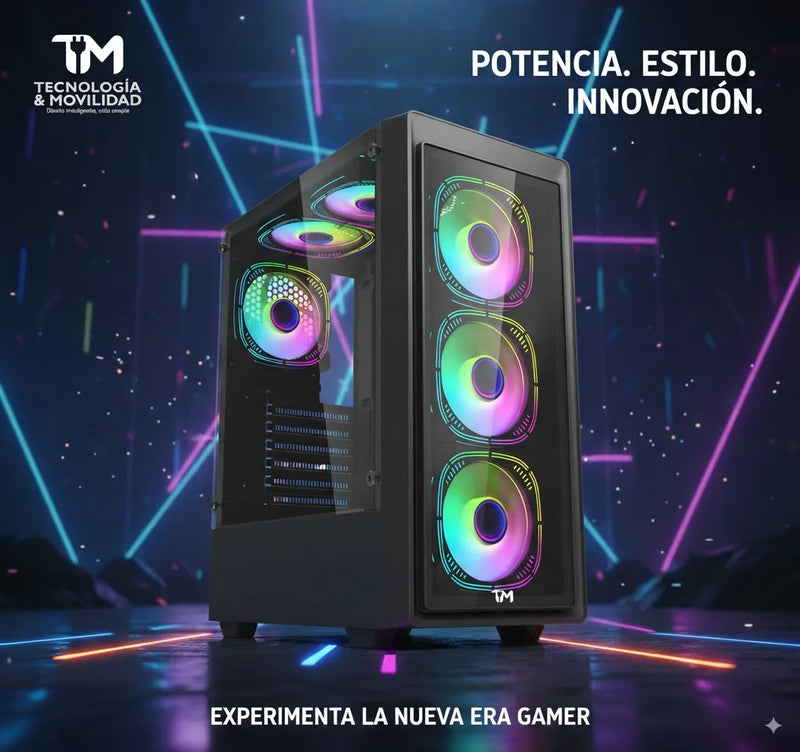 Chasis Gamer Aerox Atx Gabinete Vidrio Templado + 6 Fan Argb Negro
