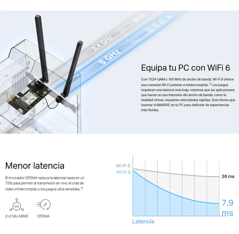 Tarjeta Red Pcie Ax3000 Wifi 6 Bluetooth 5.2 Mercusys Ma80xe