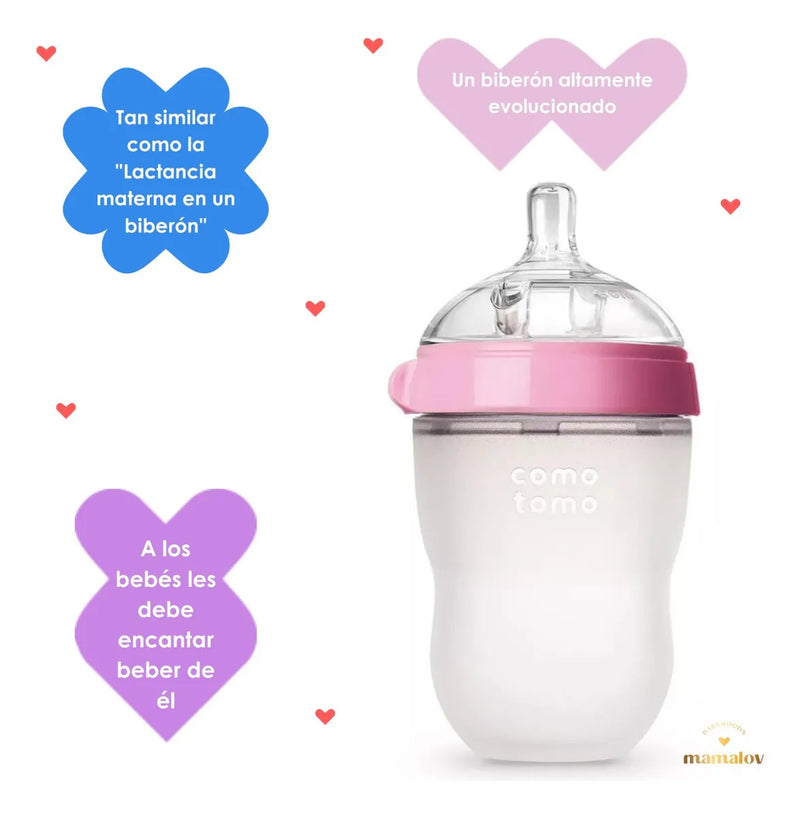 2 Biberónes Comotomo Cuello Ancho Fácil Limpieza 8oz Rosa