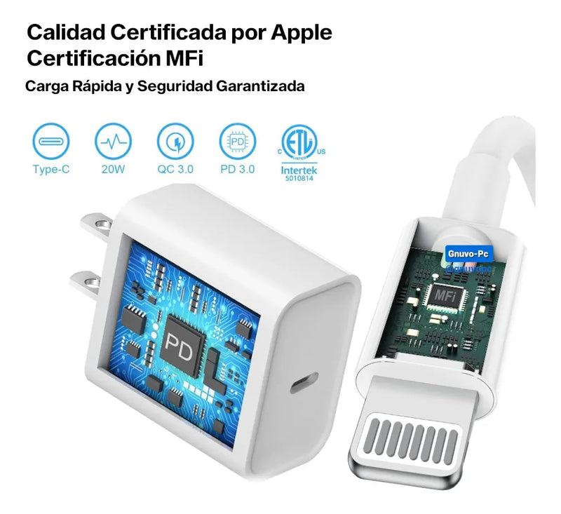 Cargador Certificado Para Iphone 2 Metros Carga Rapida 20 W Blanco