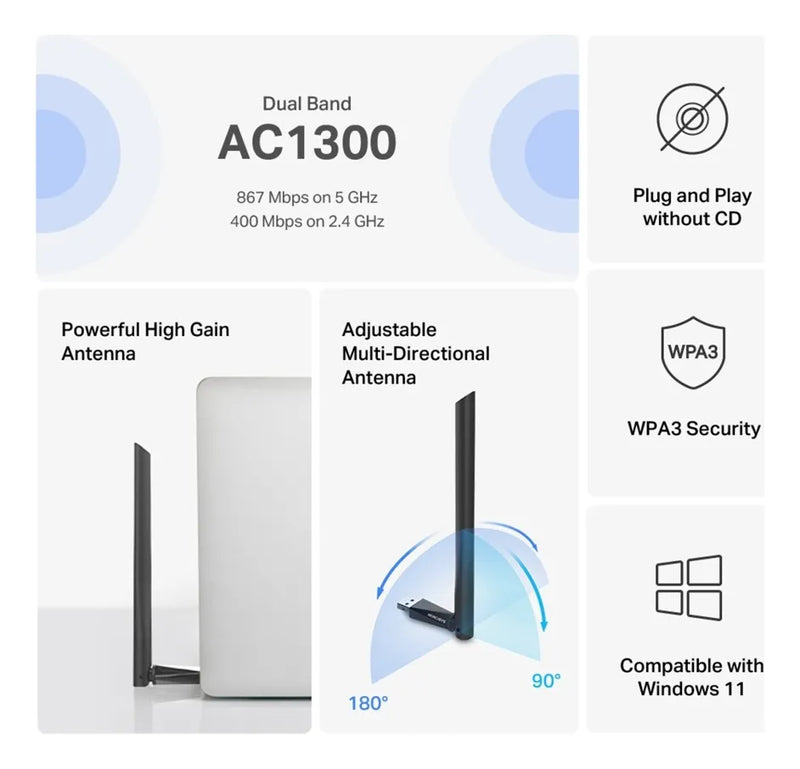 Adaptador Usb Wifi Mercusys Dual Band Ac1300 5.4 Y 2.4 Ma30h