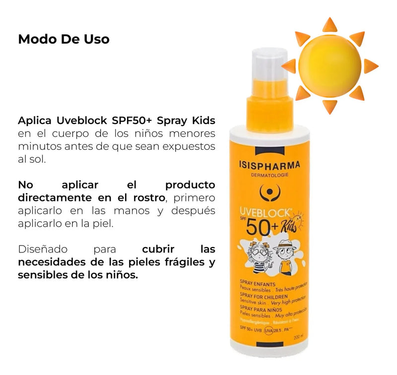 Protector solar infantil Isispharma Uveblock Uveblock Kids 50FPS en atomizador 200mL