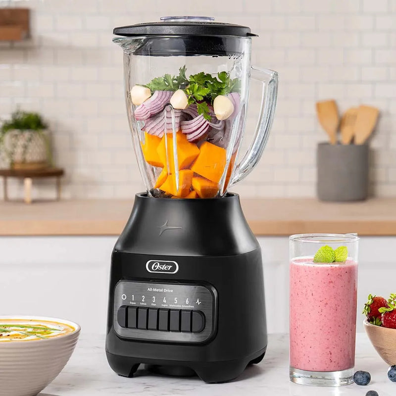 Oster® Licuadora, con Vaso de Vidrio Refractario Boroclass® y 6 Velocidades más Pulso, Ideal para Recetas Frias y Calientes, Negro, BLSTPEGBPB