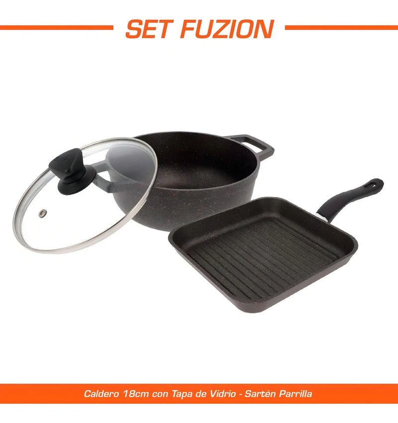 Set Imusa Caldero 18cm + Sartén Parrilla Fuzion Color Negro