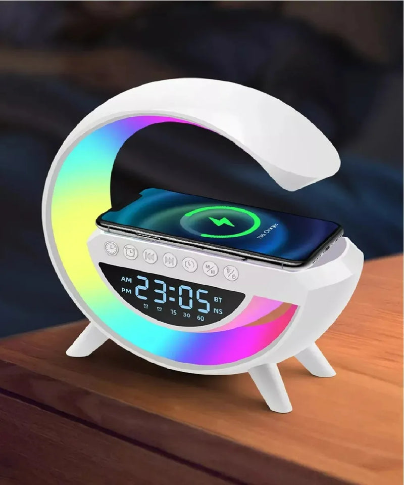 Parlante Bluetooth Con Luz Rgb Y Carga Inalámbrica + Reloj Blanco