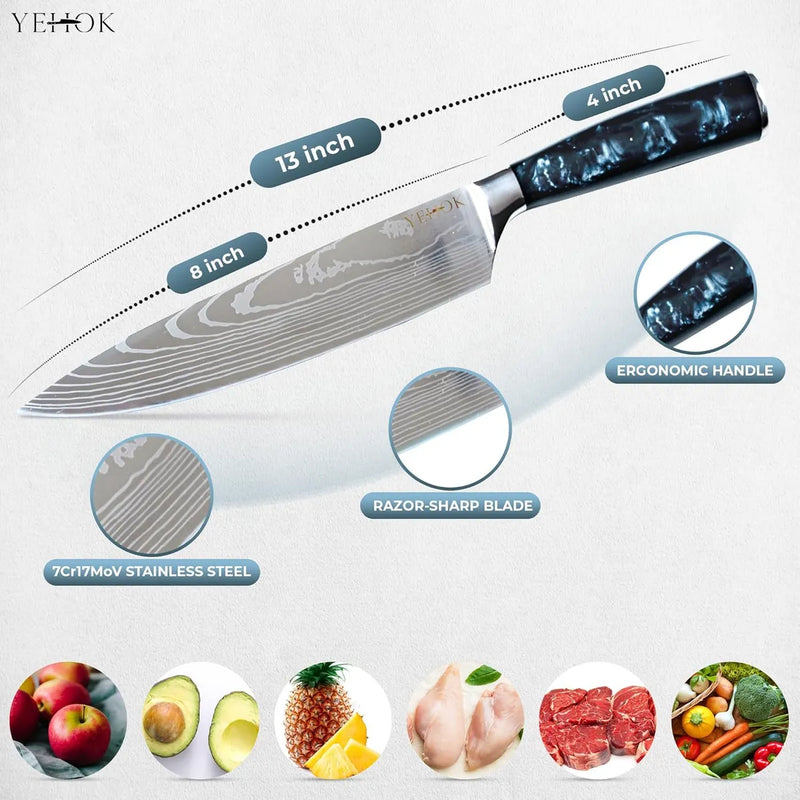 Cuchillo Chef Profesional Con Patron De Damasco Yehok Cocina Negro