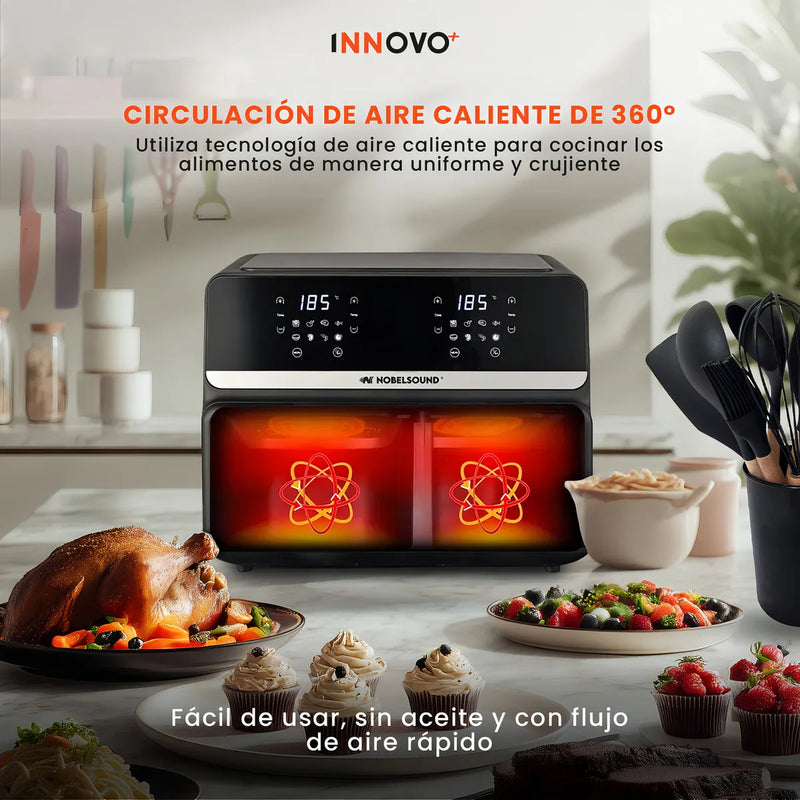 Freidora De Aire Nobelsound Air Fryer Doble Bandeja Con Utensilios Cuchillos Incluidos