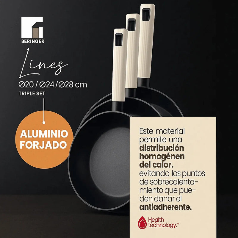 Set X3 Sartenes Lines 20, 24 Y 28cm Aluminio Forjado Negro