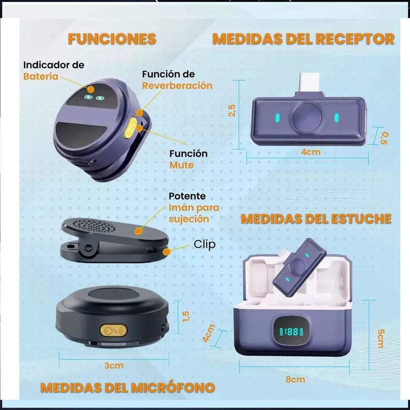 Microfono de Solapa Inalambrico Moneda con Cancelacion de Ruido 2 en 1 iPhone Android Tipo C Lavalier RunBike Lark Sx21 con Antipop Negro