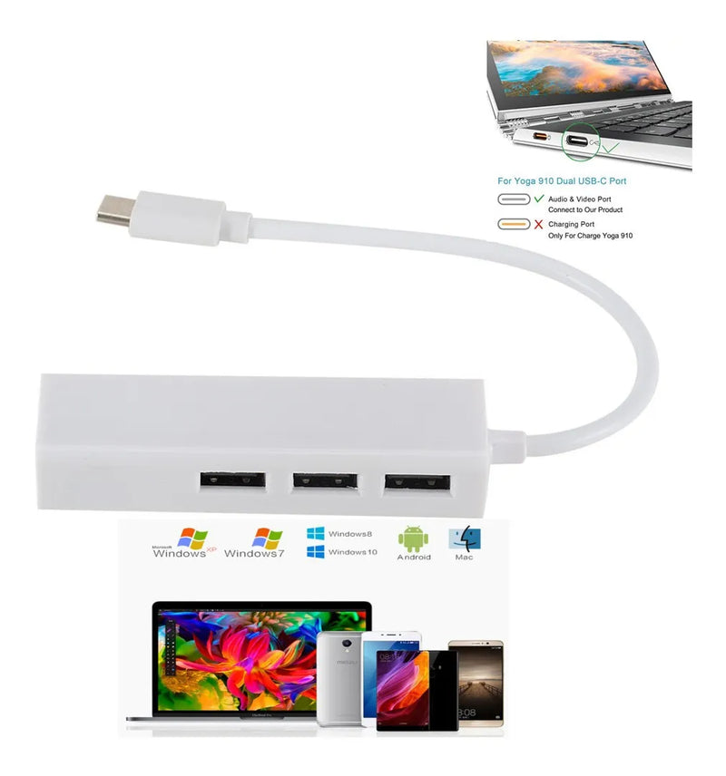 Adaptador De Usb Tipo C A A Rj45 Base 100+ 3 Puertos Usb 2.0