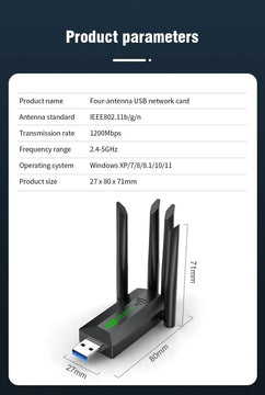 Adaptador Wifi Usb 5g Dual Band 1200 Mbps Receptor 4 Antenas