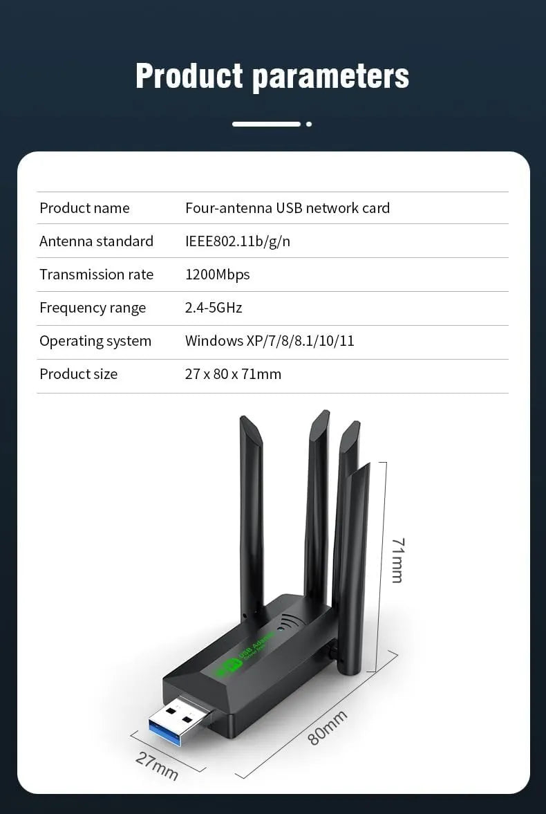 Adaptador Wifi Usb 5g Dual Band 1200 Mbps Receptor 4 Antenas