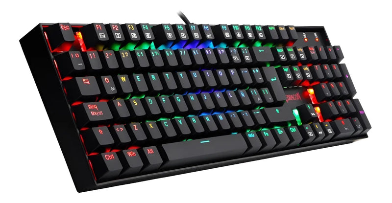 Teclado gamer Redragon Mitra QWERTY Outemu Blue español latinoamérica color negro con luz RGB