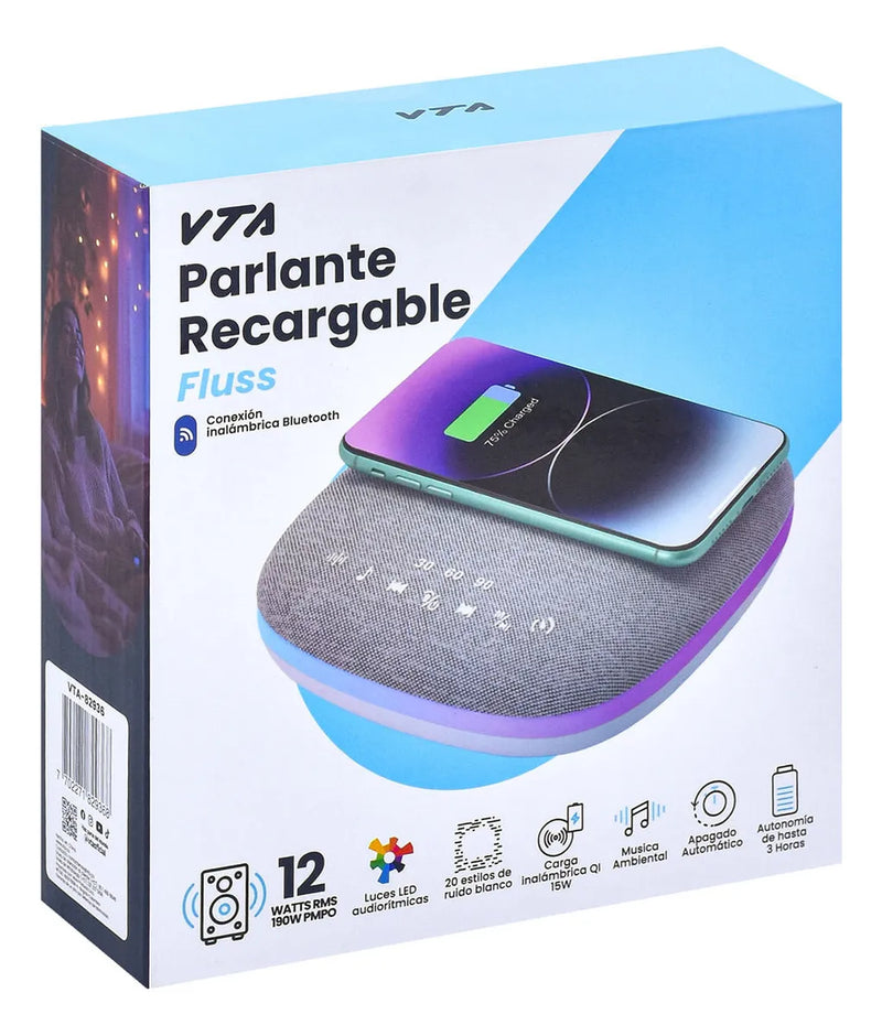 Parlante Recargable Fluss 12w Vta Con Ruido Blanco, Luces Le Color Gris