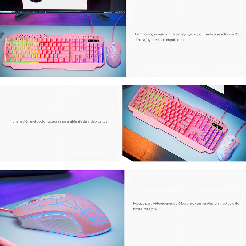 Kit De Teclado Y Mouse C/cable Gamer Usb X Tech Rosa Xtk540s