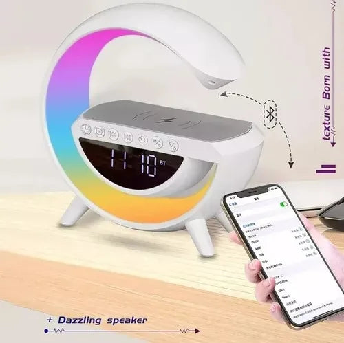 Parlante Bluetooth Con Luz Rgb Y Carga Inalámbrica + Reloj Blanco
