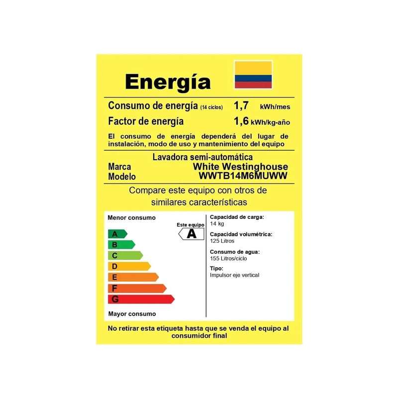 Lavadora Semiautomática Westinghouse Doble Tina 14 Kg Wwtb14 Blanco