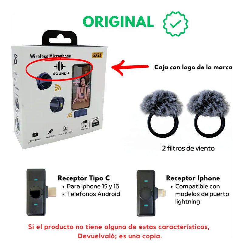 Microfono de Solapa Inalambrico Moneda con Cancelacion de Ruido 2 en 1 iPhone Android Tipo C Lavalier RunBike Lark Sx21 con Antipop Negro