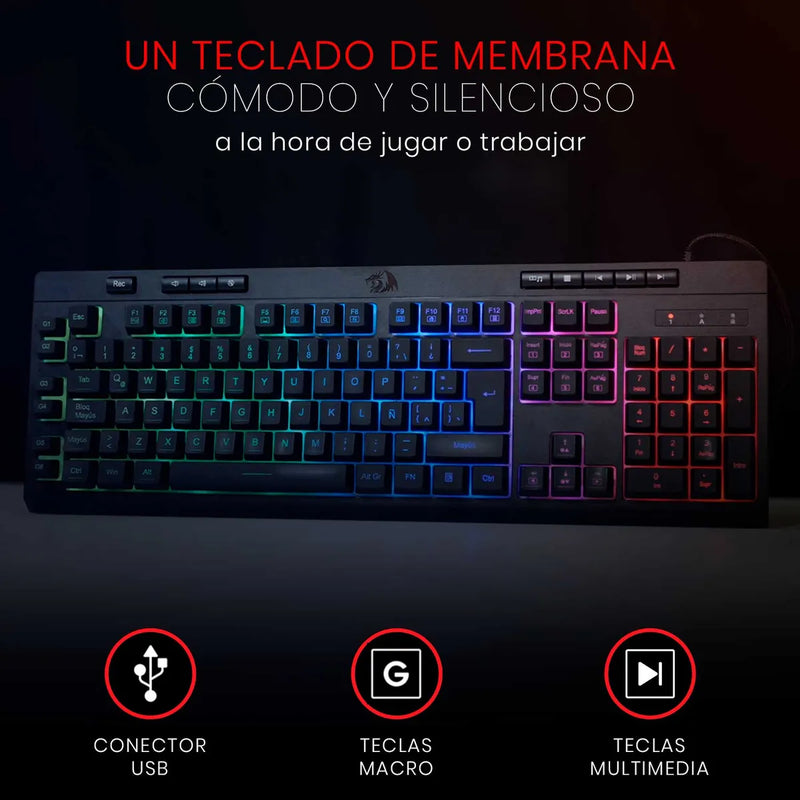 Teclado Gamer Redragon Shiva K512 RGB QWERTY Español Latinoamérica Color Negro con Luz RGB