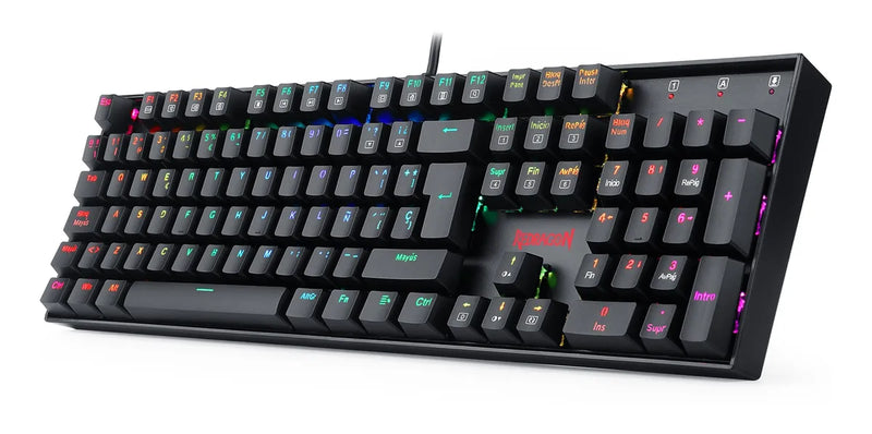 Teclado gamer Redragon Mitra QWERTY Outemu Blue español latinoamérica color negro con luz RGB