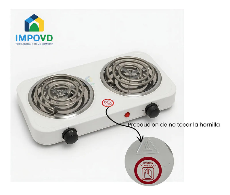 Fogon estufa electrica portatil 2 puestos 2000W cada puesto cocina blanca eficiente compacta duradera resistente facil limpieza rapida conexion uso hogar oficina comedor departamentos