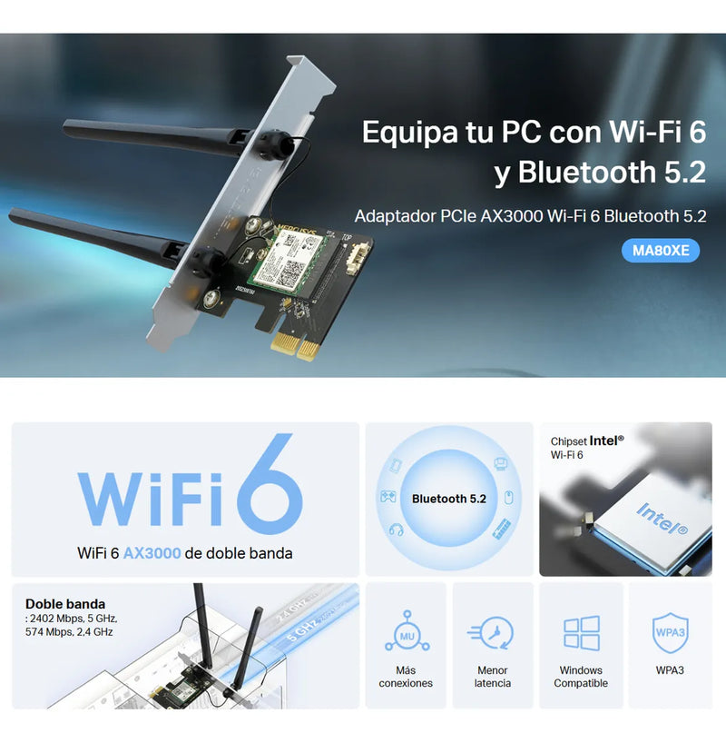 Tarjeta Red Pcie Ax3000 Wifi 6 Bluetooth 5.2 Mercusys Ma80xe