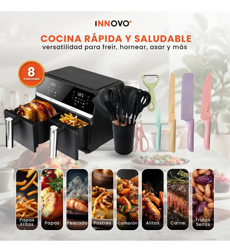 Freidora De Aire Nobelsound Air Fryer Doble Bandeja Con Utensilios Cuchillos Incluidos