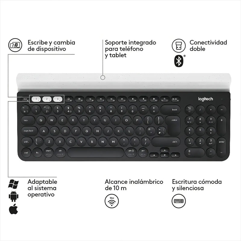 Teclado bluetooth Logitech QWERTY español latinoamérica color negro y blanco