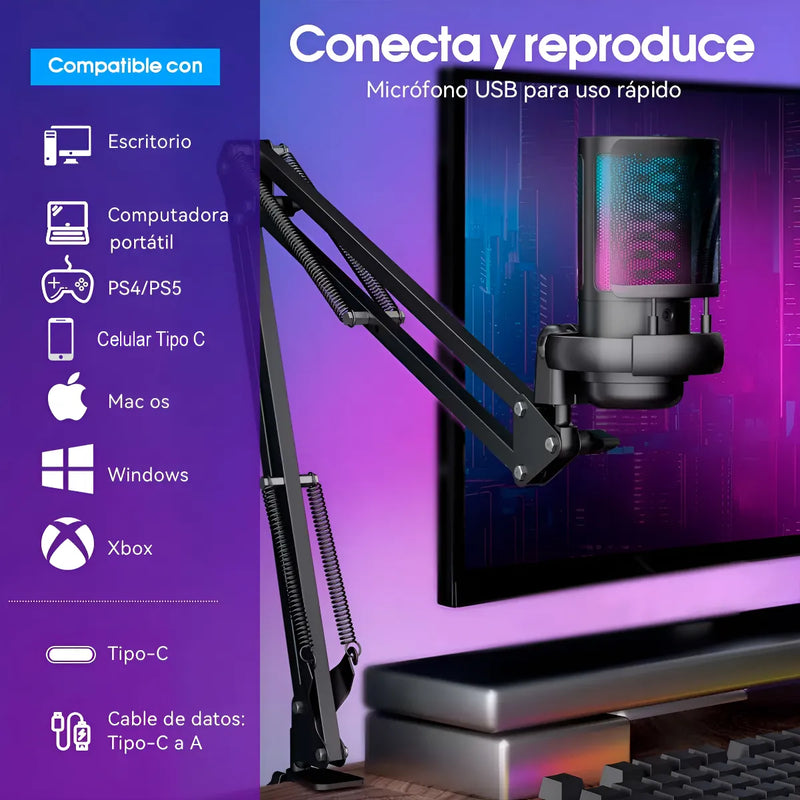 Micrófono Con Soporte de Brazo Condensador Cardioide USB para Gamer Para Pc Para Celular Tipo C Podcast streaming Luuk Young U850B Negro