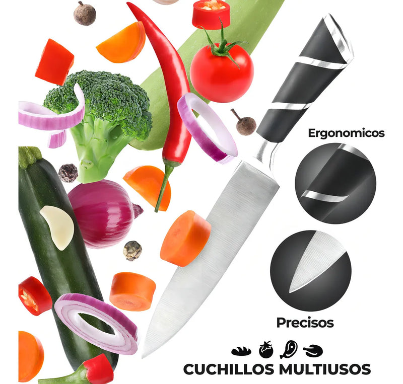 Juego de Cuchillos Profesionales Chef Master 807601 9 Piezas con Soporte Giratorio Acero Inoxidable