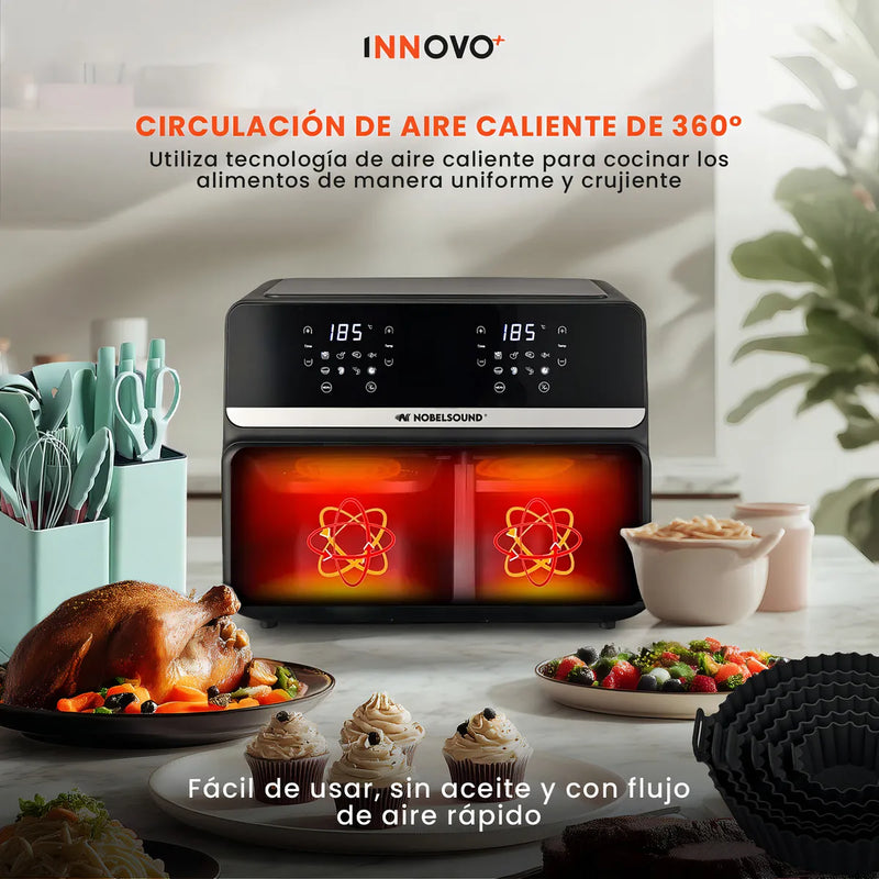Freidora De Aire Nobelsound Air Fryer Doble Bandeja Con Accesorios Y Moldes 9 Litros
