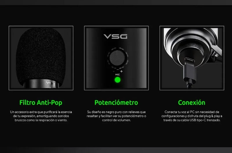 Microfono Gamer Vsg Omkara Condensador Usb Cardioide Mc440 Color Negro