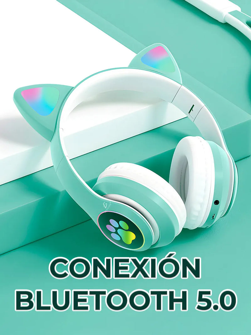 Audifonos Led Inalambricos Gato Diadema Luz Bluetooth Musica Color Verde