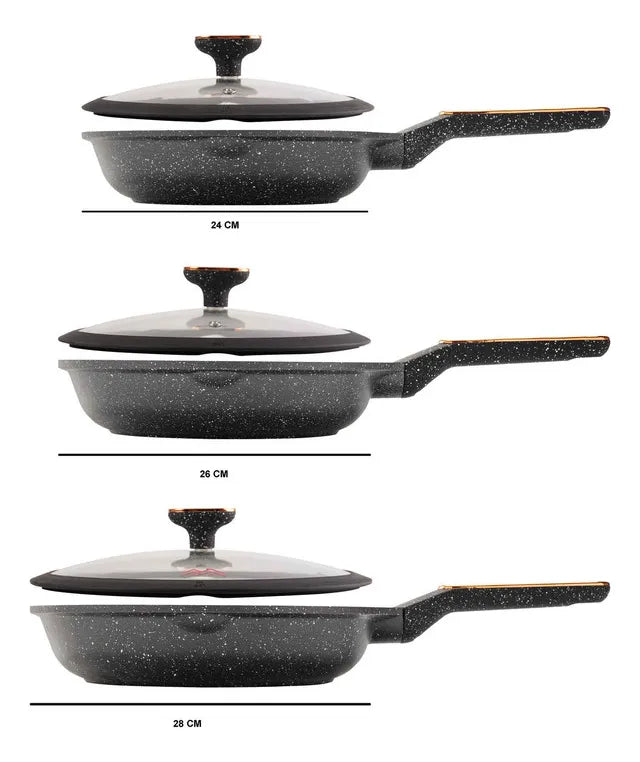 Set x 3 Sartenes Antiadherentes en Granito de Diferentes Tamaños, Cocina Saludable sin Aceite, Resistencia al Calor, Mango Ergonómico y Fácil Limpieza, Aptas para Todo Tipo de Estufa