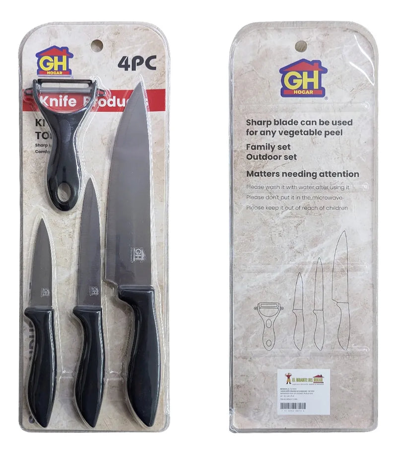 Set Cuchillos De Cocina 4 Piezas Gh Hogar Acero Inoxidable Negro