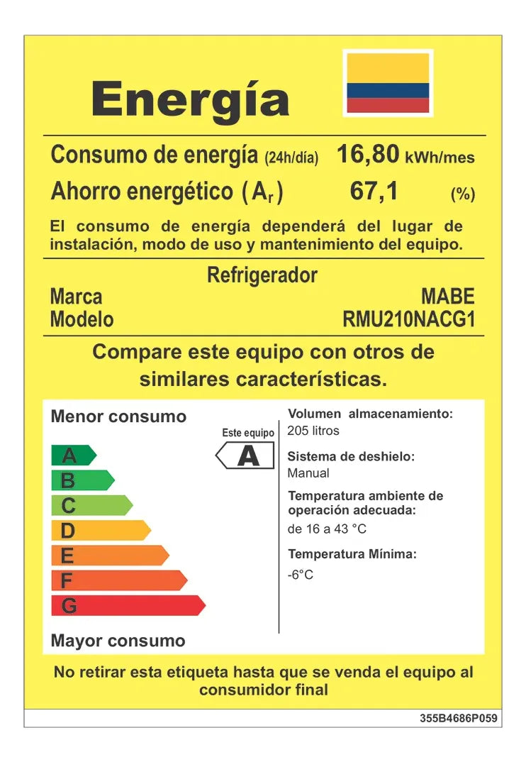 Nevera Convencional 211 Litros Brutos Mabe RMU210NACG1 Color Grafito