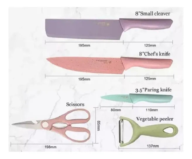 Juego Cuchillos Antiadherentes Cocina X6 Piezas + Tijeras Multicolor