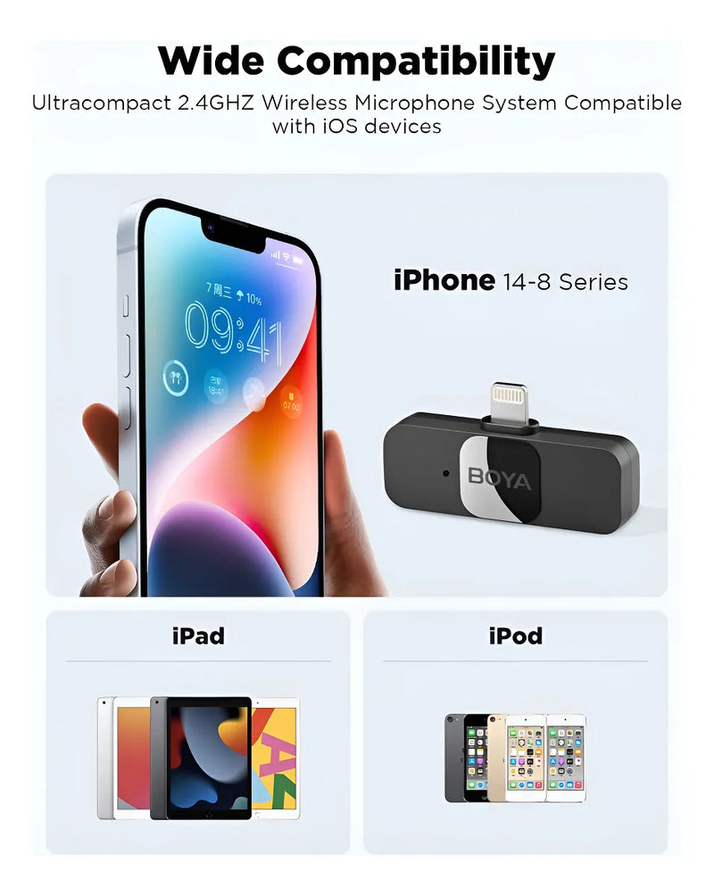 Sistema de micrófono inalámbrico Boya BY-v2 para iOS 2.4G con solapa, negro