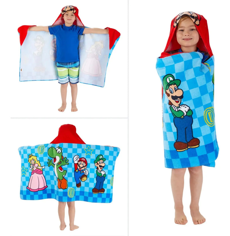 Toalla Con Capucha Super Mario Niños Baño Playa Piscina Azul