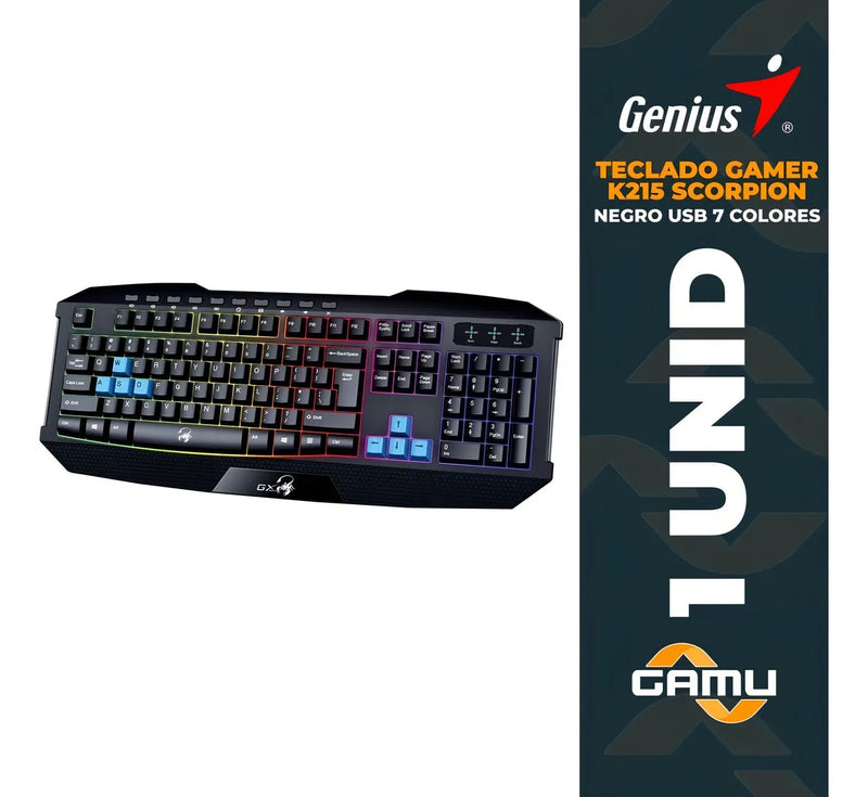 Teclado Genius QWERTY Membrana español color negro con luz de 7 colores